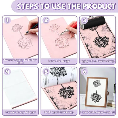 6 Pack Linocut Kit for Printmaking, 4 Pcs Rubber Stamp Carving Blocks - color: 6pack, size: kit-8"x6"