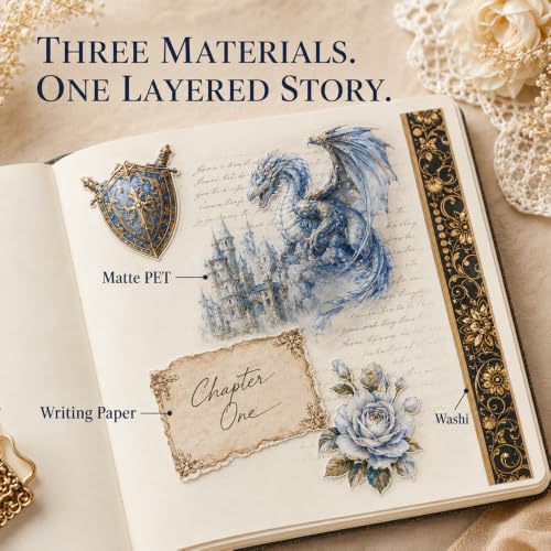Dwpetzo Medieval Fantasy Sticker Book for Journaling, Collage, A5 Sheets - color: Sword and Shield