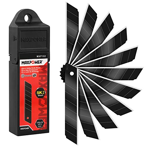 MAXPOWER 50 Pack Utility Knife Blades-18 mm Snap Off Blade Ultra-Sharp Utility Blades, Box Cutter Blade, Utility Knife Replacement Blades Black