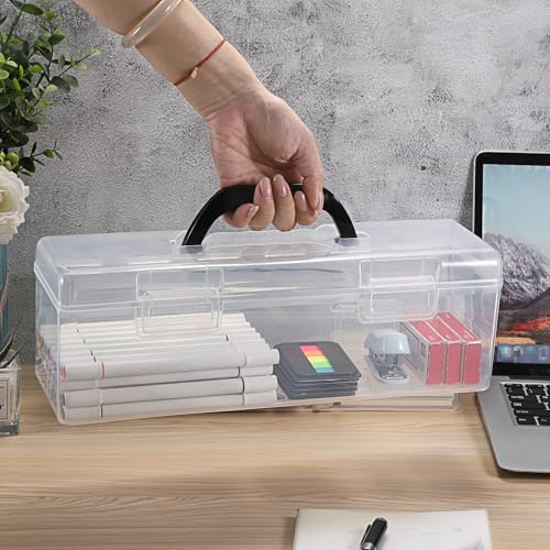 BTSKY 2 PCS Extra Long Plastic Pencil Box Portable Clear Home Utility Boxes with Black Handle Stationery Storage Organizer Utility Painting Tool Storage Container for Marker Sticky-Note Craft Supplies