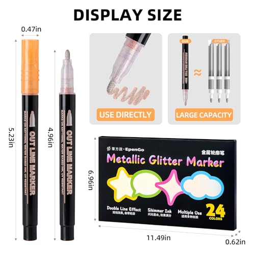 24 Colors Outline Markers, DIY Double Line Metallic for Artists