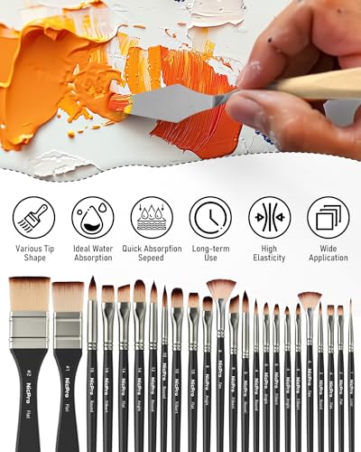 Nicpro 26pcs Professional Paint Brush Set with Palette Knife & Canvas Roll - color: Black