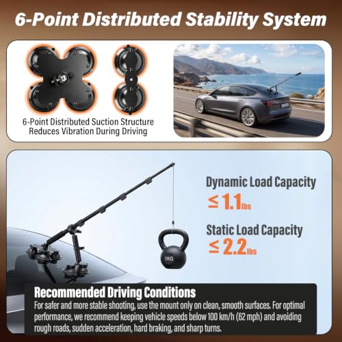 BMZX Dual & Quad Suction Cup Car Mount Kit for Insta360 X5 X4 X3, 360 Camera Car Mount for GoPro & DJI Action Cameras, Heavy Duty Windshield Mount with Magic Arm & Extension Pole