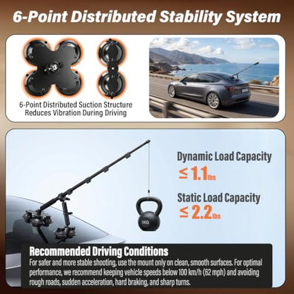BMZX Dual & Quad Suction Cup Car Mount Kit for Insta360 X5 X4 X3, 360 Camera Car Mount for GoPro & DJI Action Cameras, Heavy Duty Windshield Mount with Magic Arm & Extension Pole