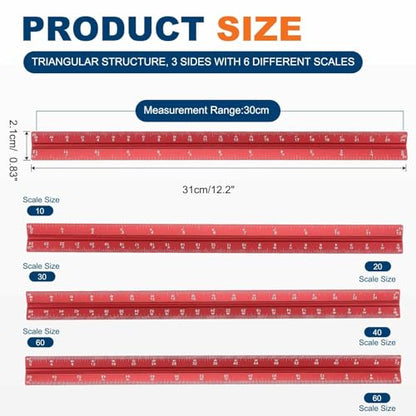 HARFINGTON 2 Pcs Architectural Scale Ruler, 12 Inch Standard Aluminum Alloy Architect Triangular Large Scale Laser-Etched Blueprint Drafting Ruler for Architects Engineers, Red - color: Red, size: 12 Inch