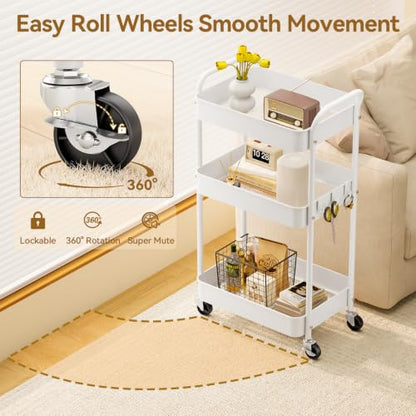 YASONIC 3-Tier Metal Rolling Cart Utility Carts with Wheels White - color: White