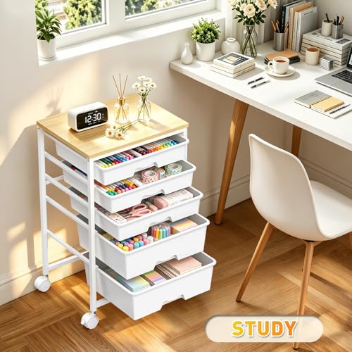 SUNALLY Rolling Carts with 5 Drawers, Storage Drawer Carts for Craft, White - color: White