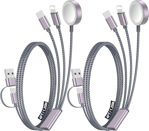 2Pack Travel Essentials for Apple Watch Charger,3-in-2 Multi Charging Cable - color: Gray, size: 2Pack-4FT