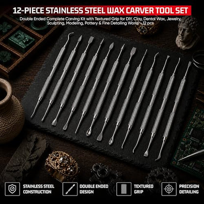 Double Ended Wax Carving Tool Set, Stainless Steel, Textured Grip, 12 Pcs
