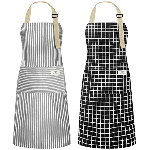 NLUS 2 Pack Kitchen Cooking Aprons, Adjustable Bib Waterproof Chef Apron with 2 Pockets for Men Women(Grey Stripe/Black Plaid) - color: Grey/Black