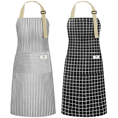 NLUS 2 Pack Kitchen Cooking Aprons, Adjustable Bib Waterproof Chef Apron with 2 Pockets for Men Women(Grey Stripe/Black Plaid) - color: Grey/Black