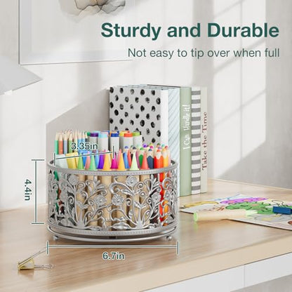 EKNITEY Pencil Pen Holder For Desk - 360° Rotating Pencil Cup Organizer - color: Silver