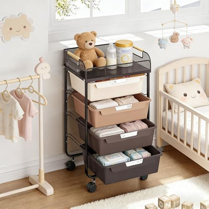 SYKIARIOL 4-Drawer Rolling Storage Cart with Mesh Top,Brown - color: Gradient Brown