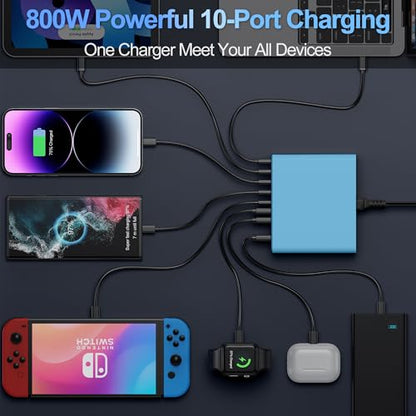 800W USB C Charger Block,10-Port Charging Station - color: Blue