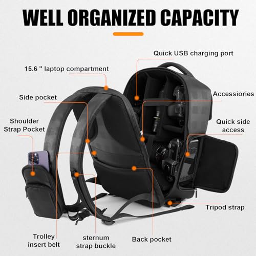 Cwatcun Camera Backpack Large PU Leather, DSLR Bag Case with Tripod Holder - color: Black, size: 9.0 Large