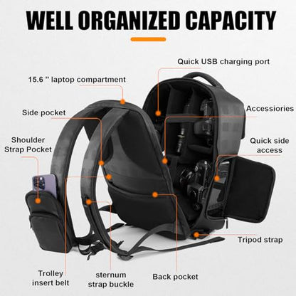 Cwatcun Camera Backpack Large PU Leather, DSLR Bag Case with Tripod Holder - color: Black, size: 9.0 Large