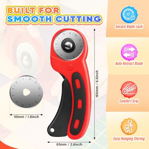 DIYSELF Rolling Cutter for Fabric 45mm, 5 Extra Blades, Safety Lock Cutter - color: Red
