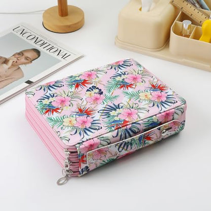 Canvas 120 Slots Pencil Case 3-Layer Zipped Holder w/Handle - color: Pink Flower, size: 120