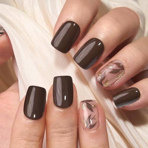 CurvLife Short Square Floral Press On Nails, Botanical Brown, Soft Gel - color: botanical nails