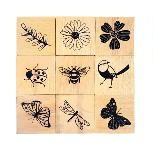9Pcs Vintage Wood Stamp Set, Butterfly Bird & Floral for Crafts