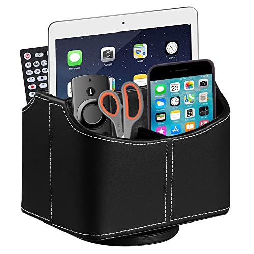 PU Leather Remote Control Holder,360 Degree Spinning Desk TV Remote Caddy,Desk Organizers and Accessories,for Controller,Media,Mail,Calculator,Mobile Phone,Pen Storage Holder(Black) - color: Black