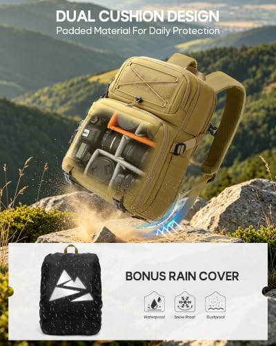 RAINSMORE Camera Backpack, DSLR/SLR/Mirrorless Tactical Camera Bag Cases - color: Khaki