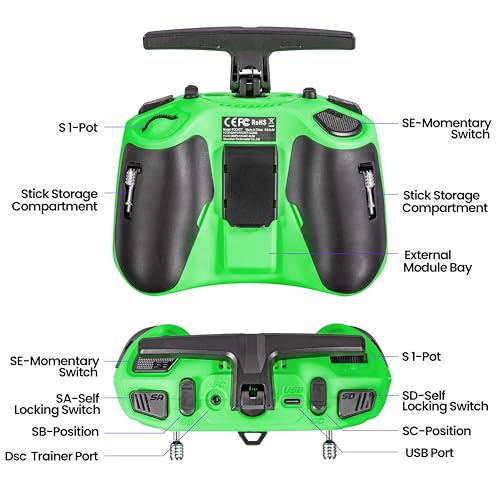 Radiomaster Pocket ELRS Remote Controller Portable Hall Gimbal EdgeTX 2.10.5 Transmitter with LED Light for FPV Drone/RC Helicopter&Car Boats&Multirotor (Battery Not Included) - color: Green