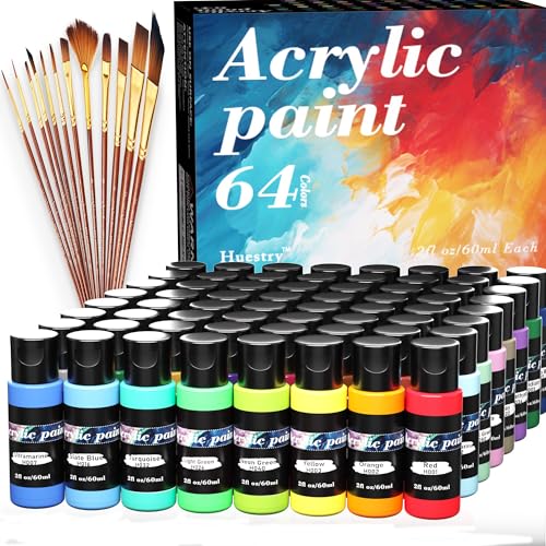 Acrylic Paint Set 76 PCS of 64 Colors 2fl oz 60ml Bottles with 12 Brushes,Non Toxic 64 Colors Acrylic Paint No Fading Rich Pigment for Kids Adults Artists Canvas Crafts Wood Painting