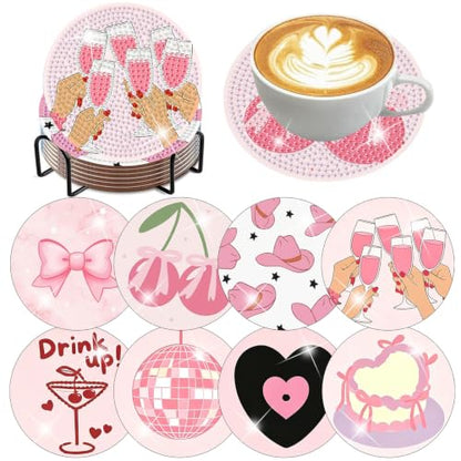 XUCNWL 8 PCS Pink Diamond Art Coasters with Holder,4X4 Inch - color: Pink