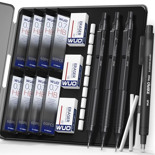 WUO 0.7mm Mechanical Pencil Set, 3 Pack Black Metal Drafting Pencils - color: Black, size: 0.7