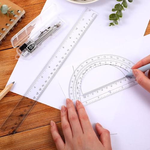 Zonon 3 Pcs 12" Clear Plastic Ruler 6 Inch Protractor Compass Set, Clear - color: Clear, size: 12 Inch