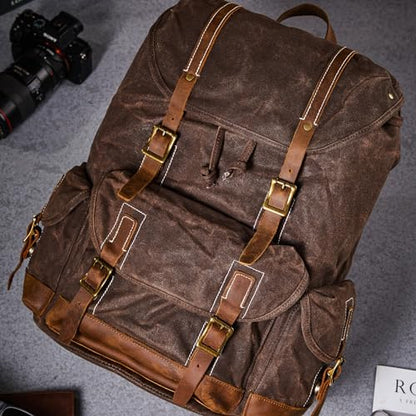 Heavy-Duty Waxed Canvas Rucksack Backpack - color: Coffee, size: 400 x 340 x 190 mm - Standard