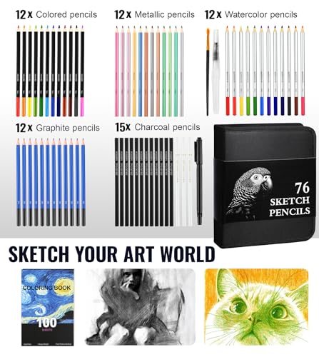 TMOL 76 Pack Art Supplies Sketching Kit, 100 Sheets 3-Color Sketchbook