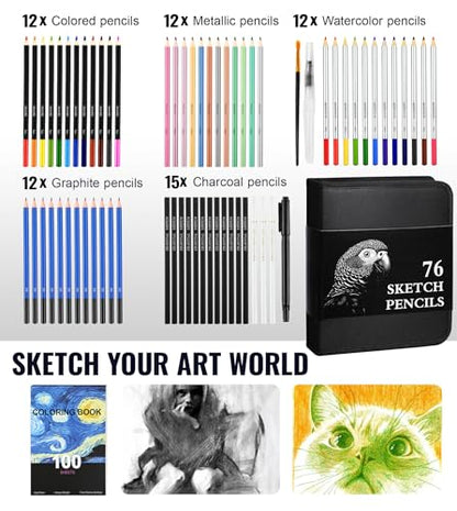 TMOL 76 Pack Art Supplies Sketching Kit, 100 Sheets 3-Color Sketchbook