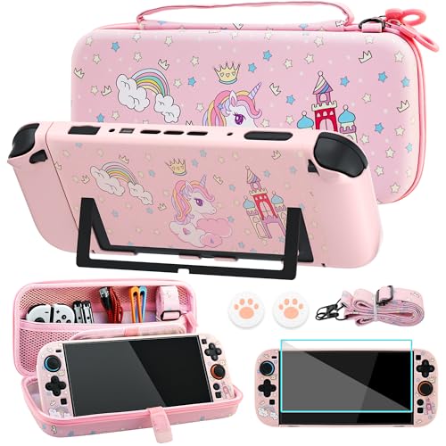 FUNDIARY Pink Travel Carrying Case for Nintendo Switch 2 with Unicorn Design, Accessories Kit with Cute Portable Storage Bag, Protective Dockable Cover, Screen Protector, Shoulder Strap and Thumb Caps - color: Pink with Unicorn