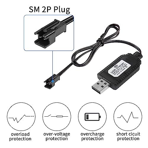 YACSEJAO 2 Pack USB Charger Cable with SM-2P Connector Plug Compatible with 7.4V 1000mA LiPo Batteries for RC Drones Vehicle Buggy Car Truck Boat