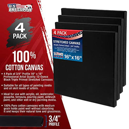 U.S. Art Supply 16"x16" Black Stretched Canvas for Painting, 3/4", 4-Pack - size: 16" x 16"