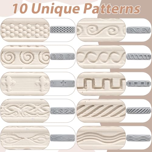 Conderyang 10Pcs 3D Printed Clay Texture Roller Clay Roller with Handle