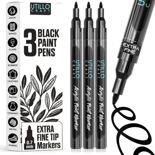 Utillo Craft Black Paint Pen (3-Pack), 0.7mm Extra Fine Black Paint Markers - color: Black