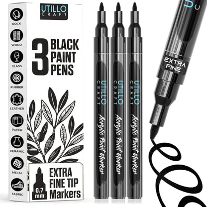 Utillo Craft Black Paint Pen (3-Pack), 0.7mm Extra Fine Black Paint Markers - color: Black