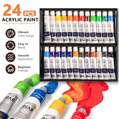 DJAR 49 Pcs Acrylic Art Set with 25" Adjustable Tabletop Wooden Art Easel - style: Tabletop Easel Set