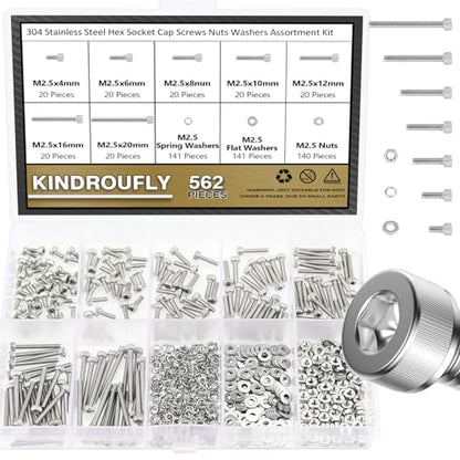 562 Pieces M2.5 x 4/6 /8/10 /12/16 /20mm Hex Socket Head Cap Screws Nuts Washers Assortment Kit, 304 Stainless Steel, Fully Machine Thread - size: M2.5, style: Socket Head