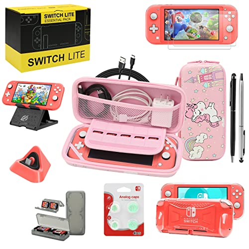 Switch Lite Accessories Bundle, Kit with Carrying Case,TPU Case Cover with Screen Protector,Charging Dock,Playstand, Game Card Case, USB Cable, Stylus,Thumb Grip Caps for Nintendo Switch Lite (Pink) - color: Pink
