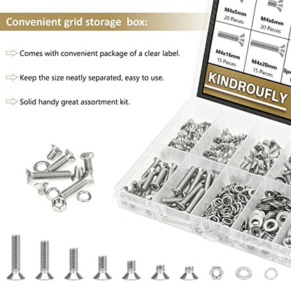 382 Pieces M4 x 5/6 /8/10 /12/16 /20mm Phillips Countersunk Head Machine Screws Nuts Washers Assortment Kit, 304 Stainless Steel, Fully Machine Thread - size: M4, style: Phillips Countersunk Head