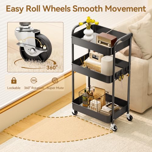YASONIC 3-Tier Metal Rolling Cart Utility Carts with Wheels Black - color: Black