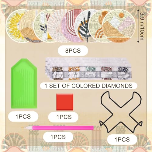 UPINS 8Pcs Boho Diamond Art Painting Coasters for Drinks - color: Bohemia Brown White