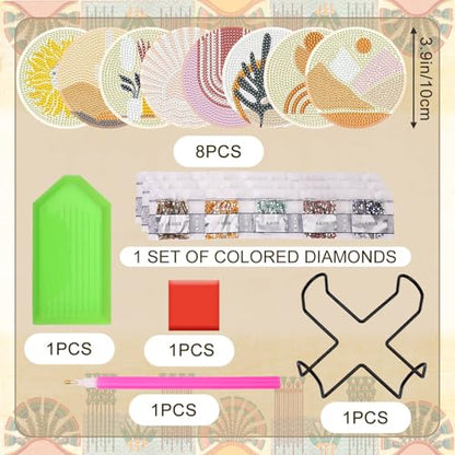 UPINS 8Pcs Boho Diamond Art Painting Coasters for Drinks - color: Bohemia Brown White