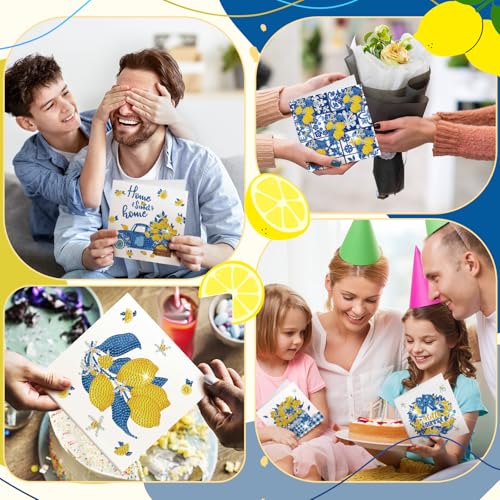 Saillong 12 Pack Lemon Diamond Painting Greeting Cards Kits Summer Capri Italy Lemon Diamond Art Cards with Envelopes Blue Yellow 5D Rhinestones Painting Making Kit for Adult DIY Craft Summer Gifts - color: Lemon