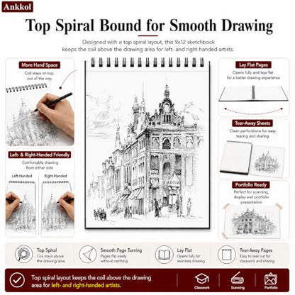Ankkol Sketch Book 9x12, Top Spiral Bound Sketchbook,100 Sheets_68lb/100gsm