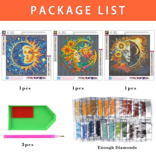 Axquilon 3 Pack Sun and Moon Diamond Art Kits for Adults 12x12inch - color: 3 Pack Sun Moon